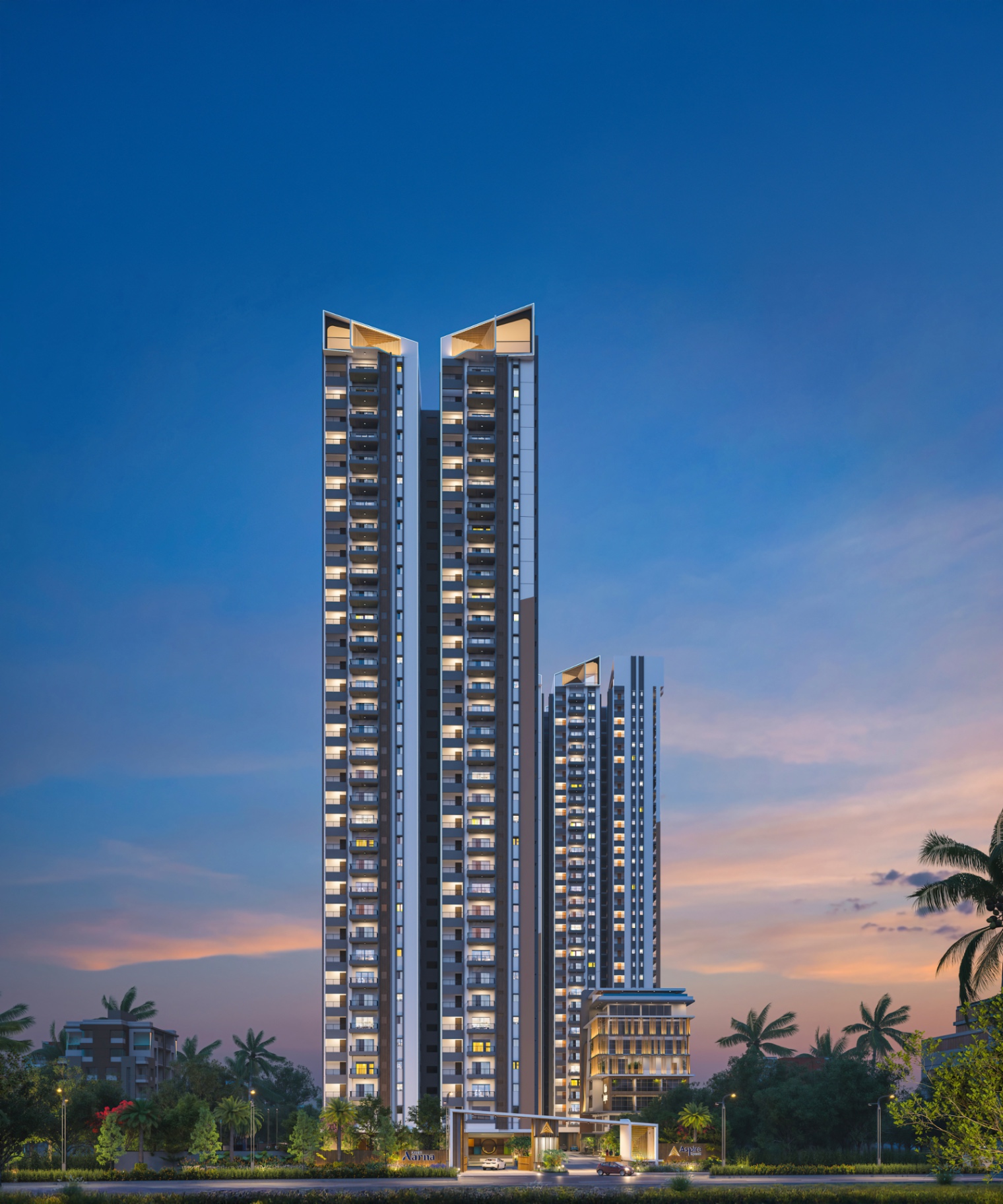 Aspire Aarna twin high-rise towers rising against the evening skyline in Mallampet, Hyderabad