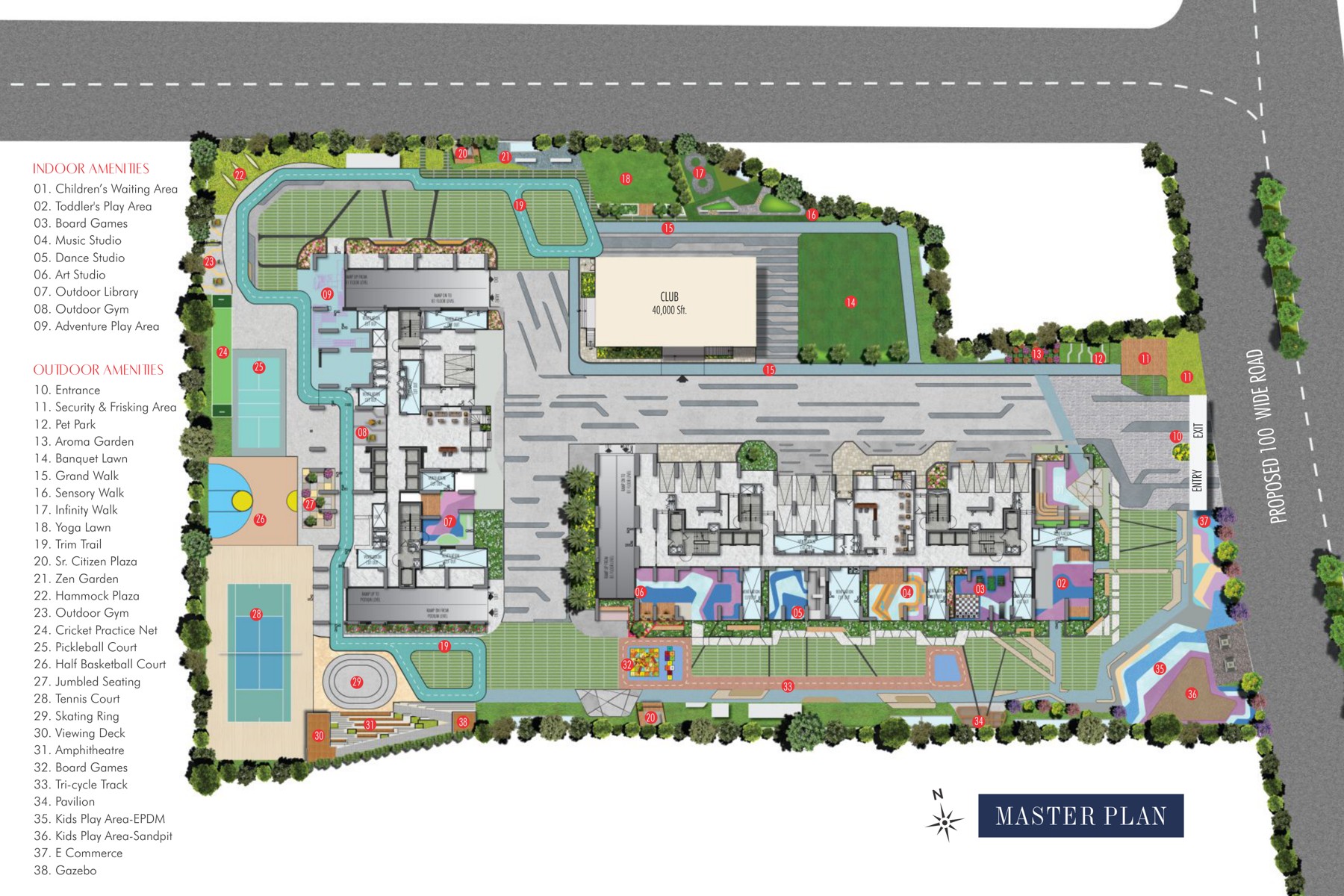 Aspire Aarna master plan showing two towers, clubhouse and landscaped outdoors